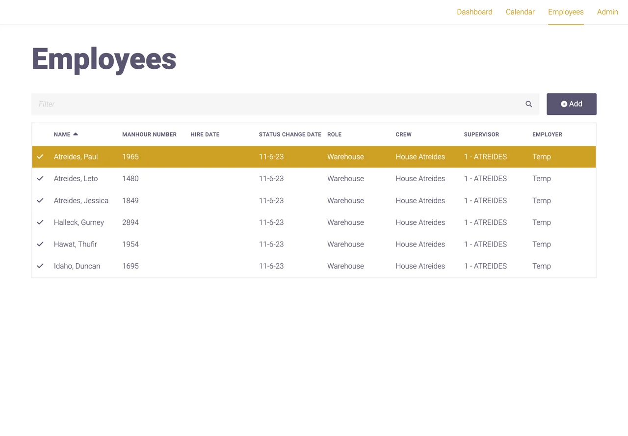 Employee management interface for admins